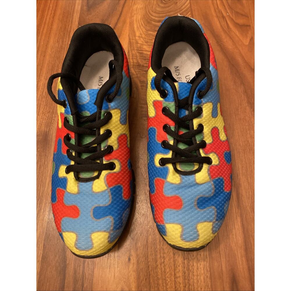 Autism Awareness Shoes Colorful Puzzle Black Sole Women's 7 Men’s 5 Sneakers EUC